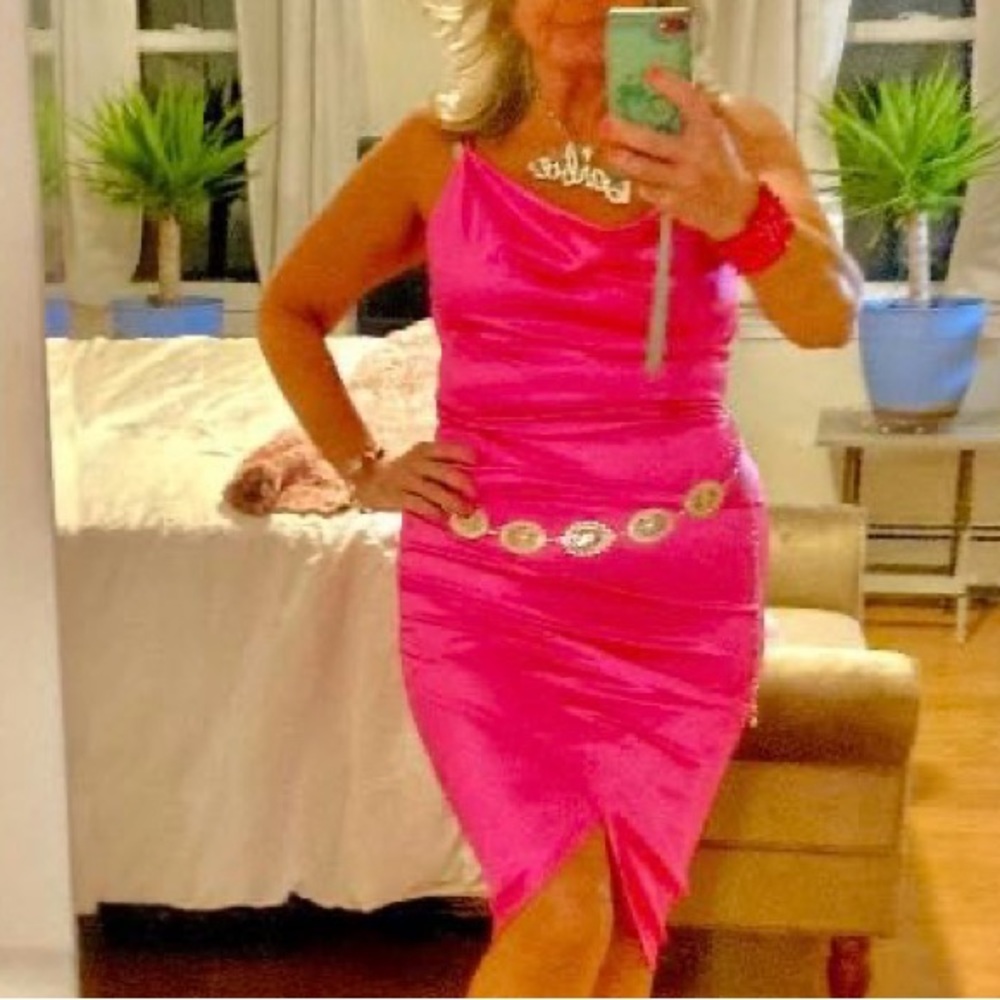 Hot pink Barbie like dress, like new, worn 1x, shoes sz 8, Barbie jewelry